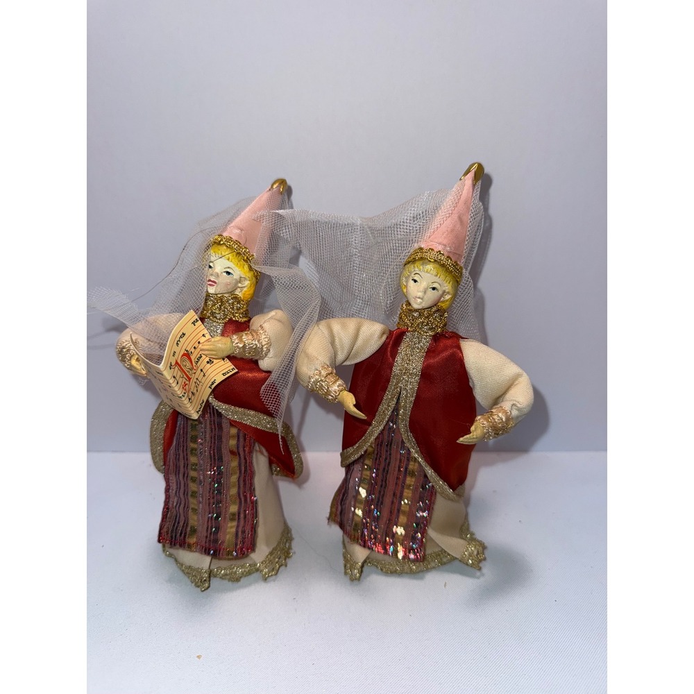 Vintage Christmas Angel Ornaments Set of 2 Red Gold Satin Mesh Veil Figurines